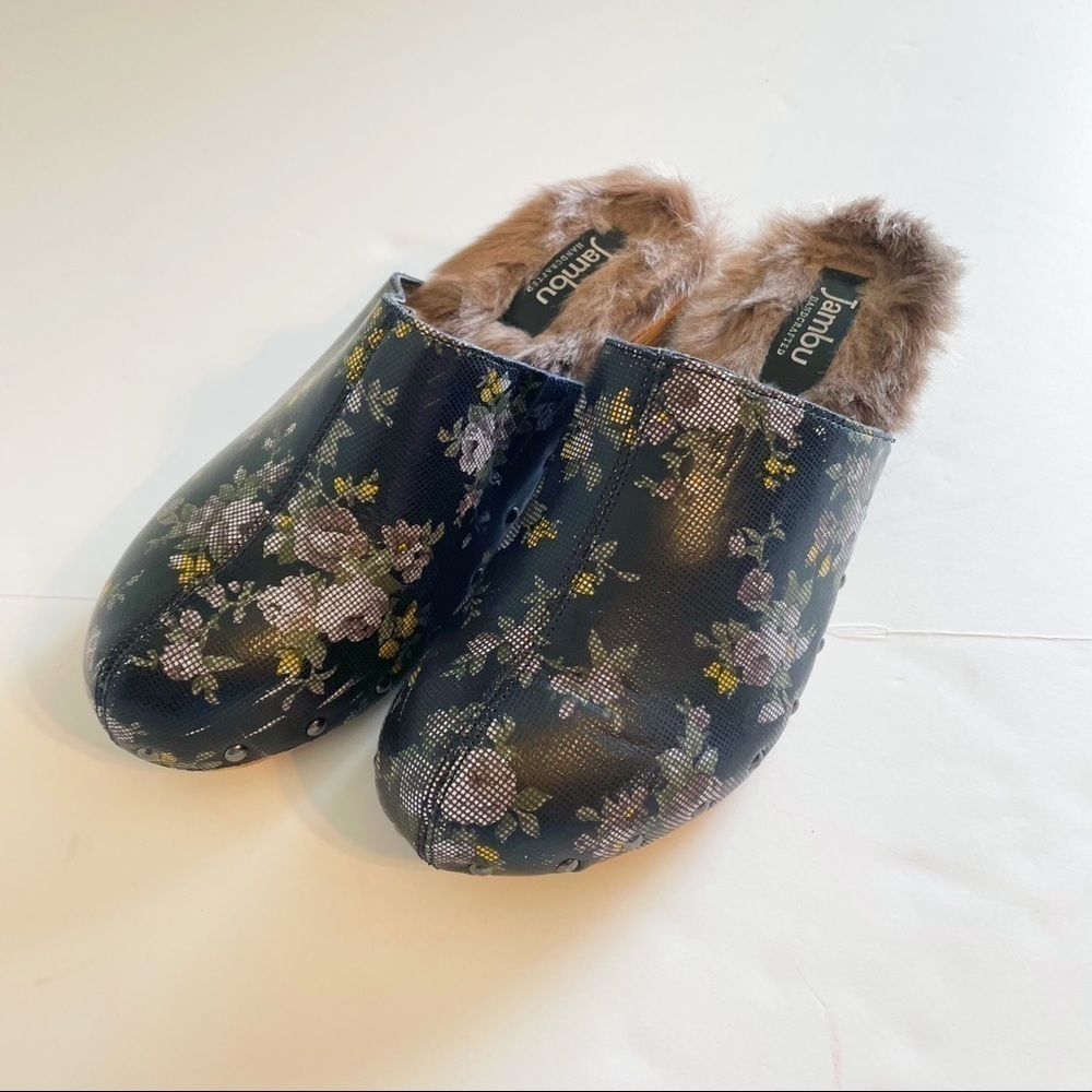 Jambu Monaco Black Leather Mule Clog Slide Floral Fuzzy Lined Size 6.5